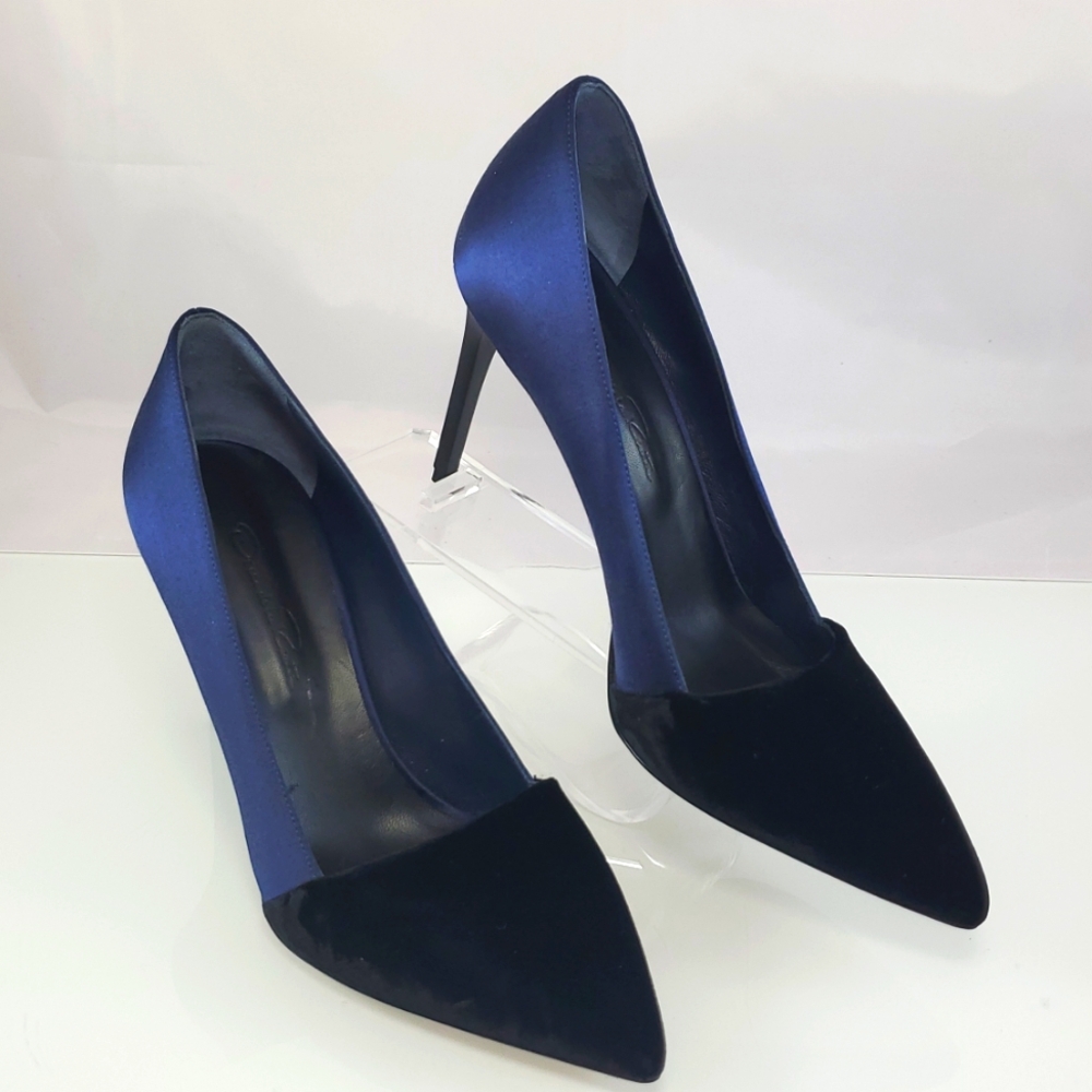 $670 Oscar de la Renta Vik Velvet Satin Blue Black Pumps Heels Sz 38 (US 8) - Picture 6 of 16